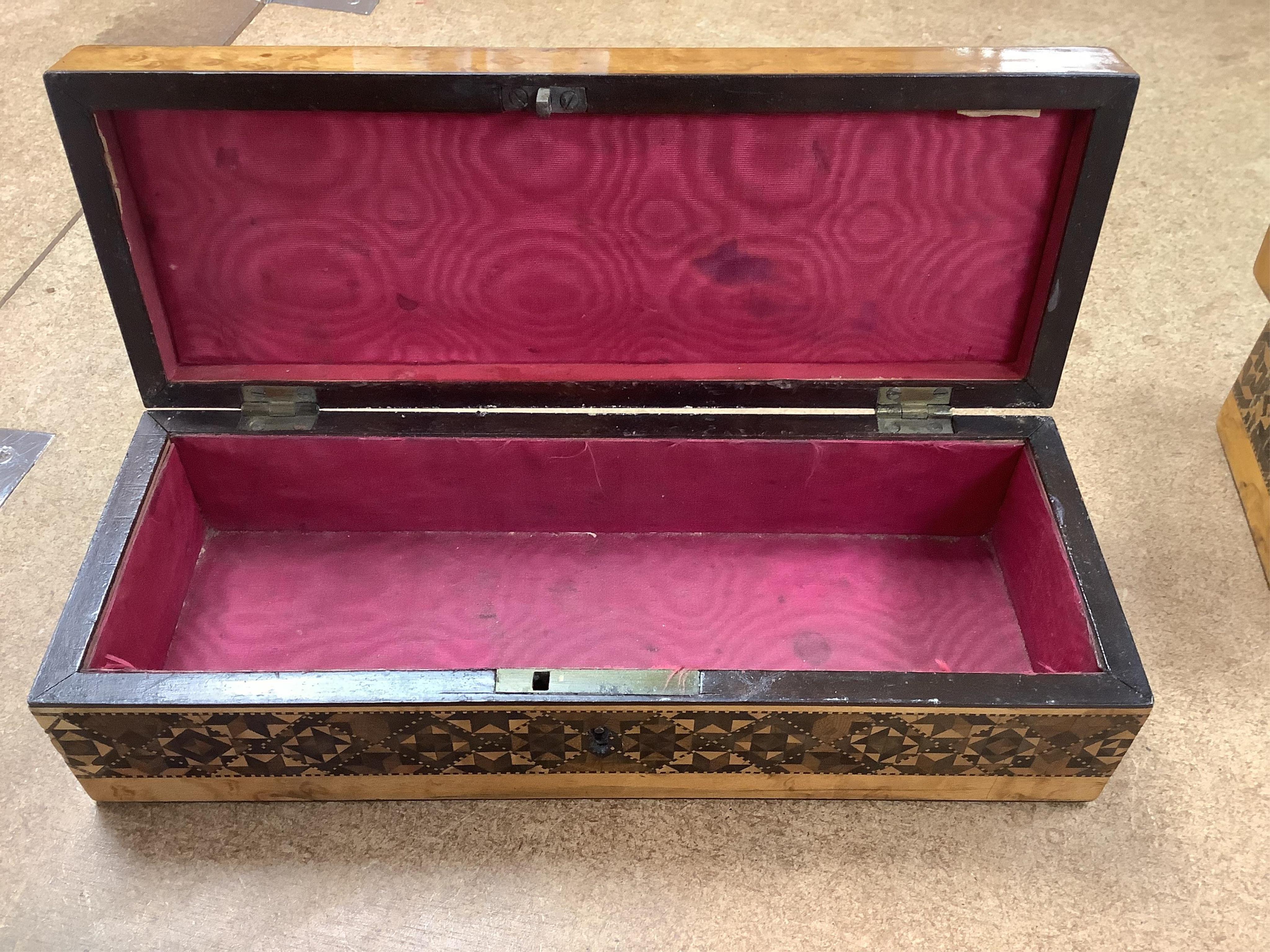 Two Tunbridgeware bird's eye maple half square mosaic glove boxes, c.1825-40, one with key, 24cm. Condition - fair to good